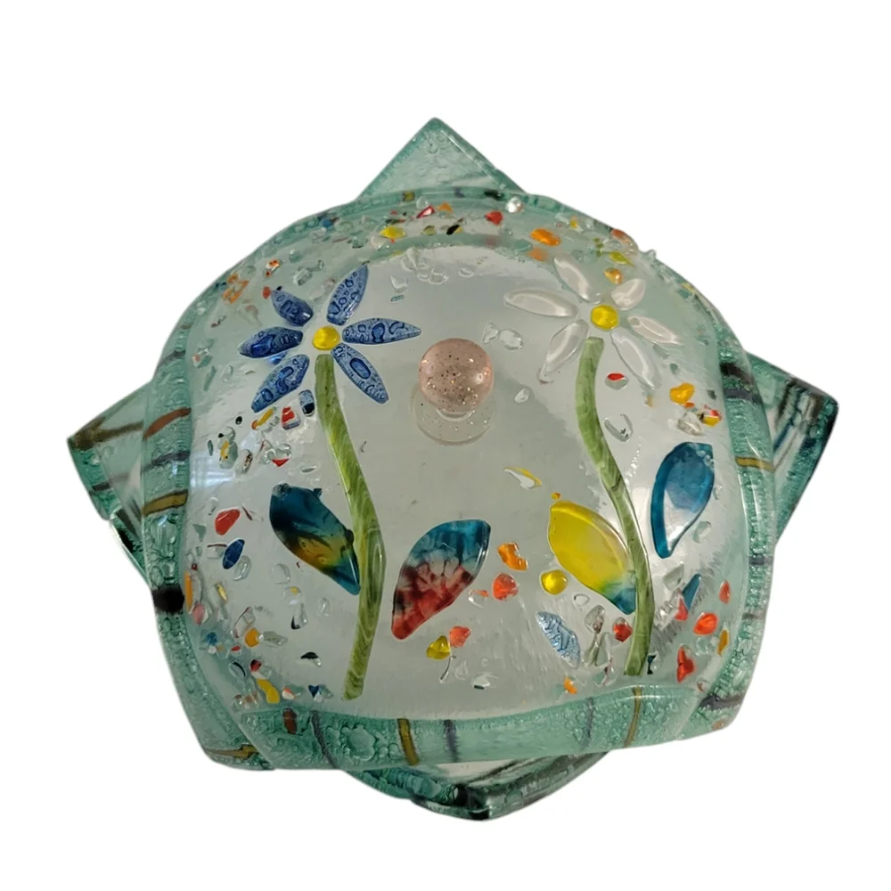 Hand Crafted Fused Glass Trinket Box Floral Multicolored